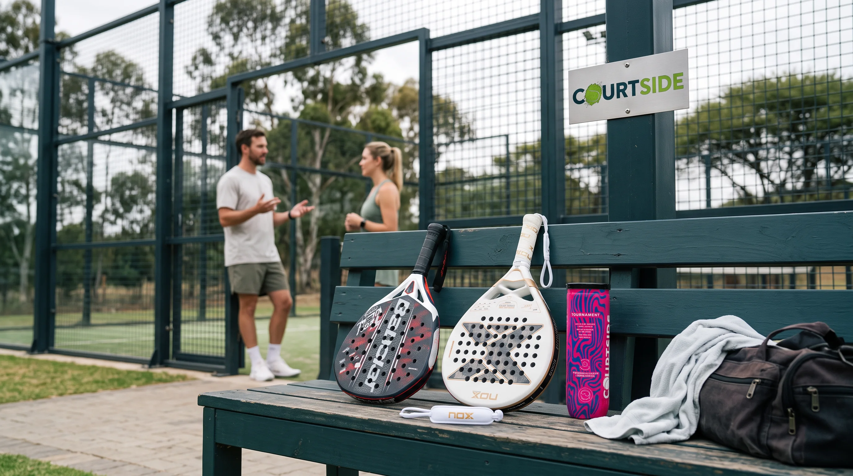 Padel rackets, a Courtside ball tube and sports bags on a bench, with two people talking beside the court