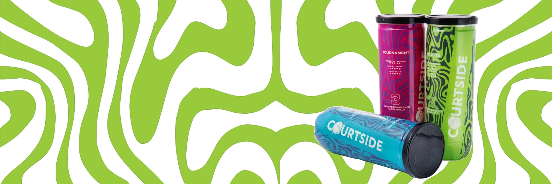 Three Courtside padel ball tubes on a lime and white patterned background