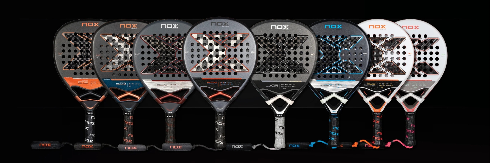 Nox padel racket range on a black background