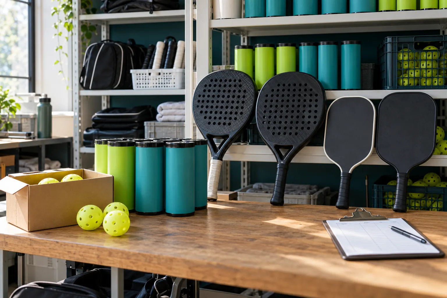 Padel ball tubes, rackets and pickleball paddles arranged in club storage.