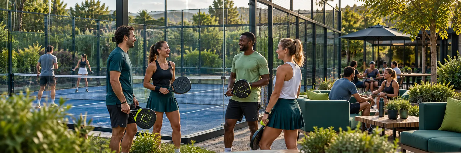 An outdoor padel venue with players gathering between games.