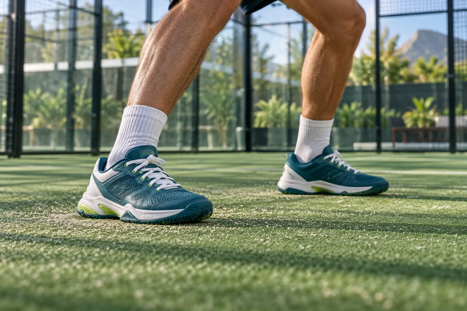 Court shoes on sand-dressed artificial padel turf, with glass court walls behind.