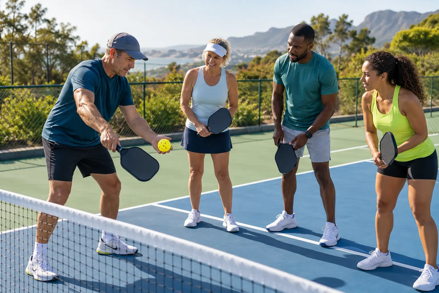 A coach introducing adult players to pickleball on an outdoor hard court.