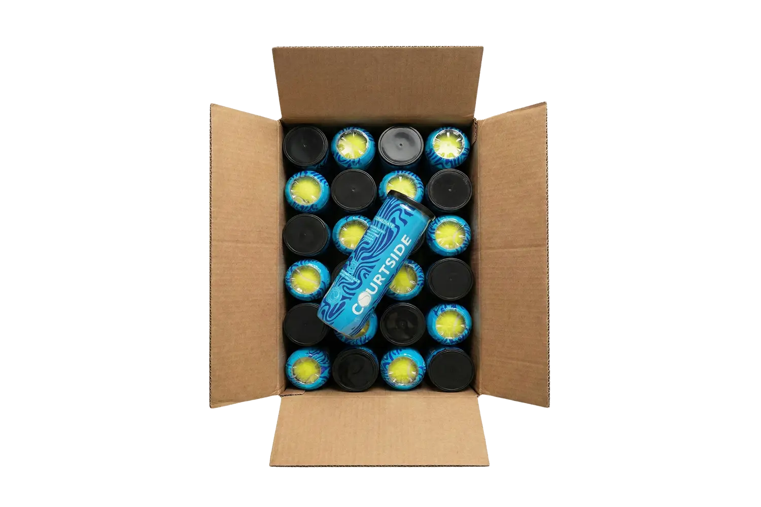 Open case of Courtside Intermediate padel ball tubes showing product packed for distribution